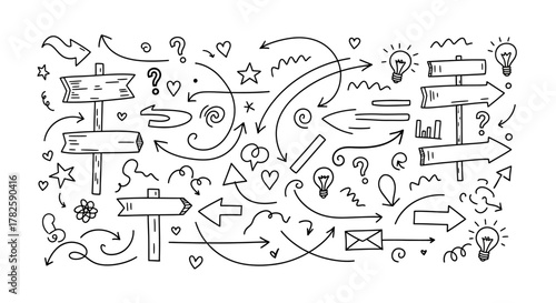 A large collection of hand-drawn doodle elements featuring arrows, signposts, light bulbs, and other symbols for direction and ideas.