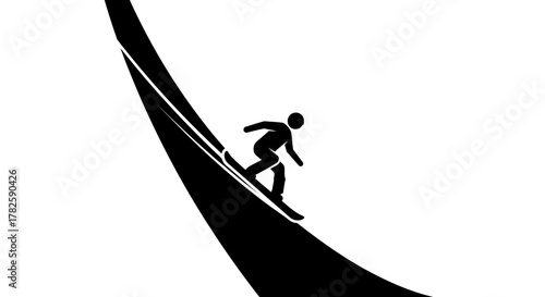 Black silhouette of a person snowboarding down a steep, curved slope on a white background.