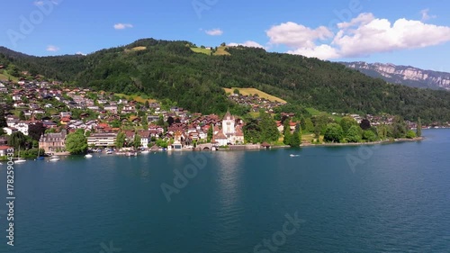 The beautiful Interlaken valley and Thunersee lake, Beatiful river at Switzerland in sunny day during summer, Aereal drone view of stunning idyllic nature scenery of lake Brienz with turquoise waters