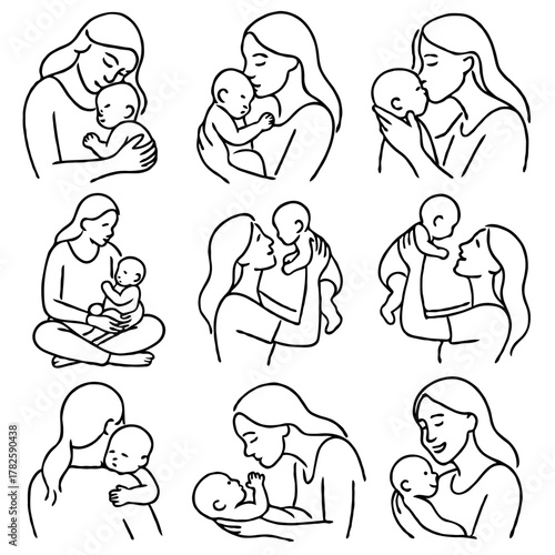 Illustration Pregnant woman silhouettes set, maternity, pregnancy, motherhood concept. Outline Infants Doodle icons drawing, Symbol Mothers with newborns Line art. Moms and Babies Love Collection
