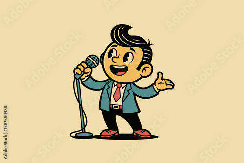 Retro Cartoon Boy Singing with Microphone, Vintage Style Illustr