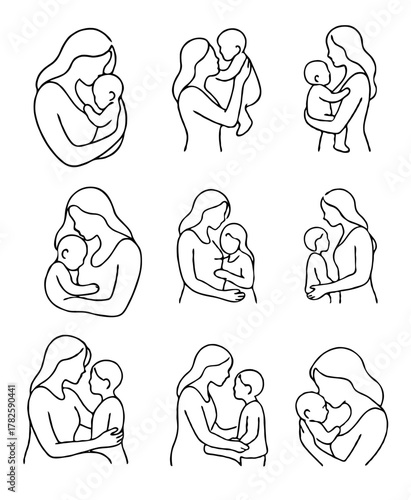 Illustration Pregnant woman silhouettes set, maternity, pregnancy, motherhood concept. Outline Infants Doodle icons drawing, Symbol Mothers with newborns Line art. Moms and Babies Love Collection