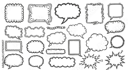 A diverse collection of hand-drawn, black and white speech bubbles and thought clouds for communication concepts.