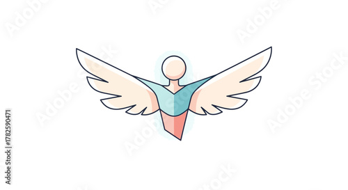 A stylized illustration of a person with outstretched wings, resembling an angel or a winged figure, against a white background.