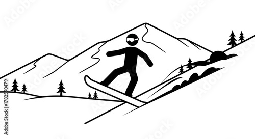 Simple black and white line art illustration of a stick figure snowboarding down a snowy mountain slope with trees and peaks in the background.