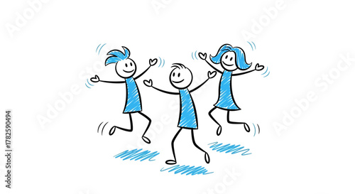 Three stick figures are jumping with joy, arms outstretched, celebrating a moment of happiness.