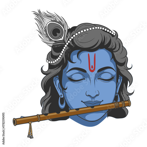 Blue face of Lord Krishna illustration, with flute