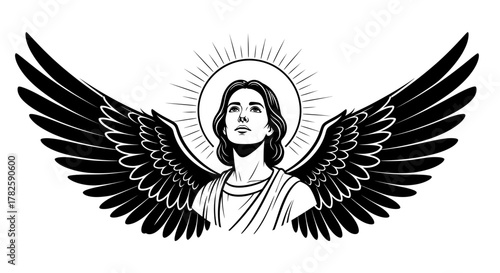 Black and white graphic illustration of an angel with large wings and a halo looking upwards, symbolizing divinity and spirituality.