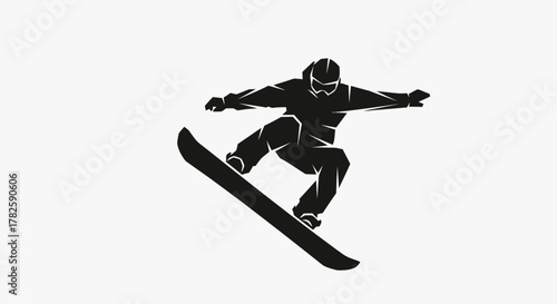 Silhouette of a snowboarder mid-air, showcasing a dynamic pose during a snowboarding trick, against a plain background.