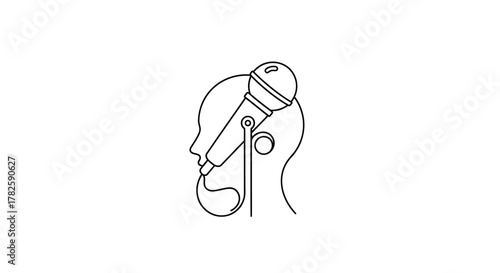 A minimalist line drawing of a human head profile with a microphone positioned at the mouth, symbolizing voice and communication.