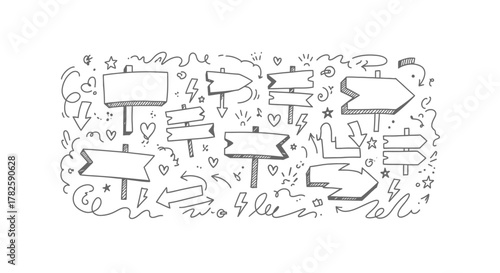 A hand-drawn collection of various blank directional signs and arrows, decorated with doodles and whimsical elements.