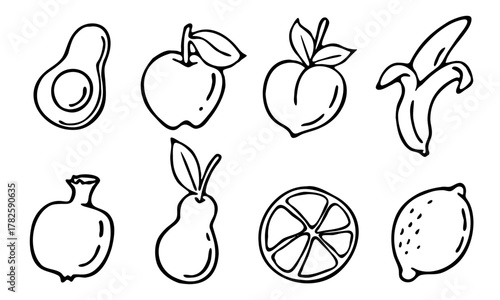 Vector illustration doodle hand drawn food fruit avocado peach banana apple orange lemon set black liner pen
