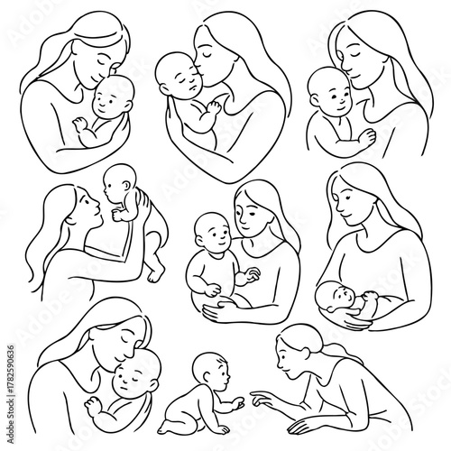 Illustration Pregnant woman silhouettes set, maternity, pregnancy, motherhood concept. Outline Infants Doodle icons drawing, Symbol Mothers with newborns Line art. Moms and Babies Love Collection