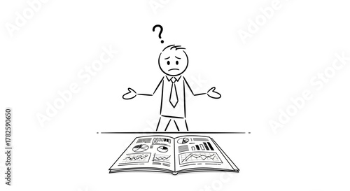 A confused businessman stands with open arms, looking at a newspaper with financial charts.