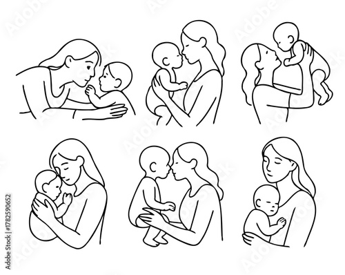 Illustration Pregnant woman silhouettes set, maternity, pregnancy, motherhood concept. Outline Infants Doodle icons drawing, Symbol Mothers with newborns Line art. Moms and Babies Love Collection