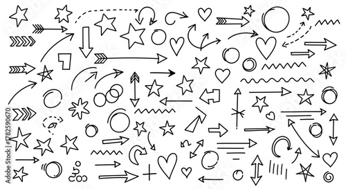 A diverse collection of hand-drawn doodle elements featuring arrows, stars, hearts, and circles on a white background.
