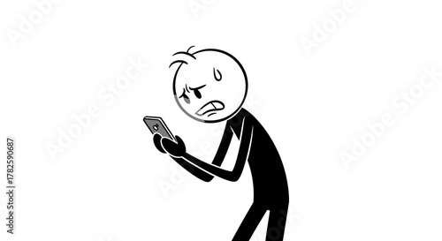 A stick figure character looking stressed while holding and staring at a smartphone.