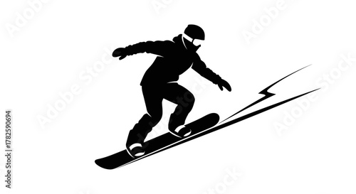 Black silhouette of a snowboarder riding down a slope with a stylized lightning bolt graphic.