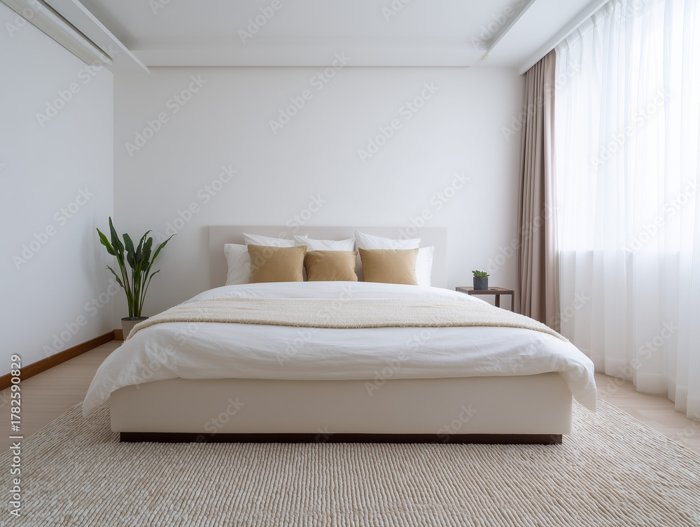Fototapeta premium A cozy modern bedroom with minimalist design, white walls