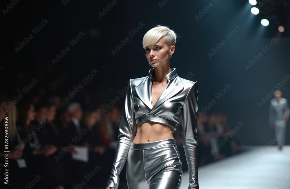Naklejka premium Woman in silver metallic suit walks runway at fashion show. Futuristic outfit, designer clothes on model. Elegant style, modern garment, stylish woman, fashion week.