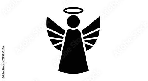 A black and white illustration of an angel with a halo and wings.