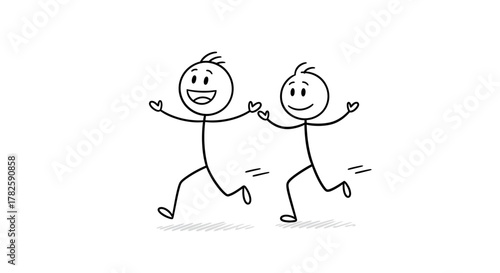 A simple black and white drawing of two happy stick figure friends running and holding hands.
