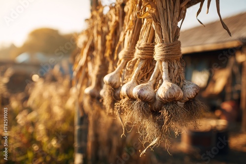 A close-up of bundles of garlic hanging to dry in the golden sunlight of autumn, with a blurred background of a rustic barn and field, traditional agriculture.