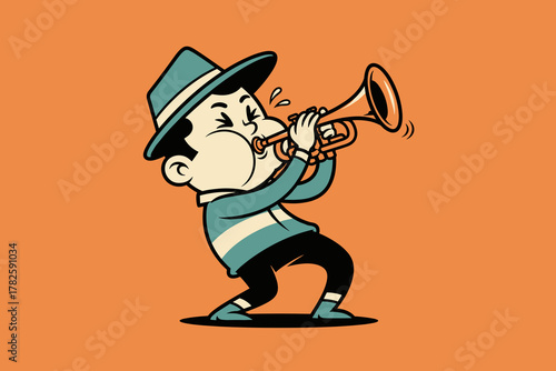 Cartoon man playing trumpet with puffed cheeks and hat, a lively