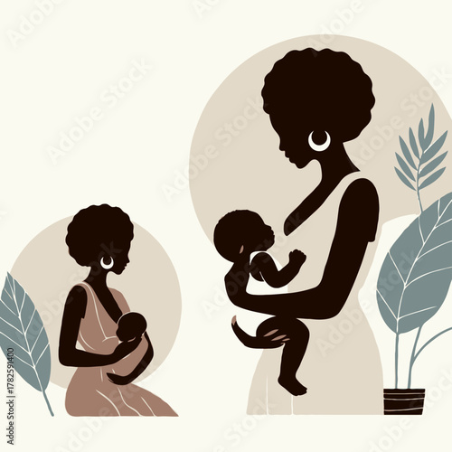 Illustration Pregnant woman silhouettes set, maternity, pregnancy, motherhood concept. Outline Infants Doodle icons drawing, Symbol Mothers with newborns Line art. Moms and Babies Love Collection