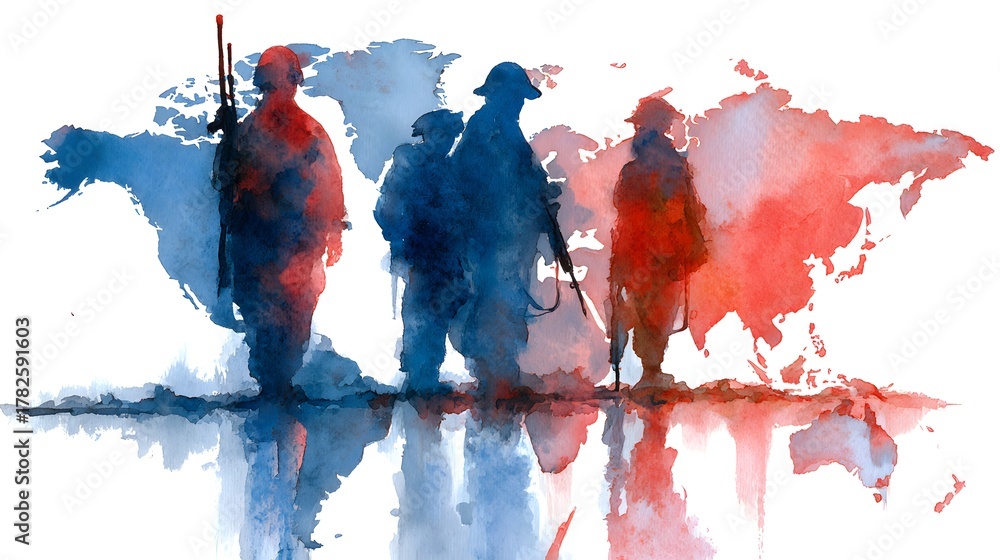 Obraz premium Silhouettes of armed figures stand against a backdrop of a world map rendered in contrasting colors