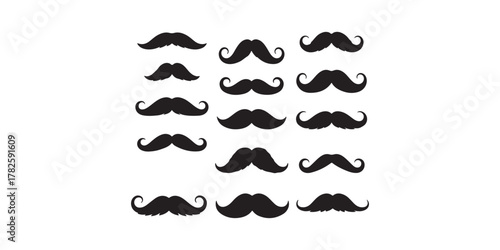 "A collection of 30 unique mustache silhouettes in black on white background, classic, modern, curly, handlebar, vintage and cartoon styles, centered and evenly spaced"