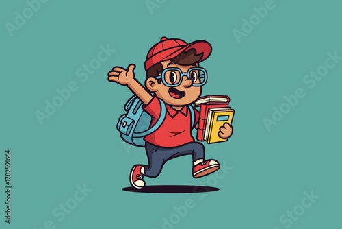 Happy Schoolboy with Backpack and Books Ready for Learning Adven