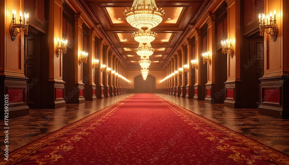 Obraz premium Luxurious corridor interior view in a casino resort. Chandeliers hang from the ceiling. The red carpet runs along space. Interior has columns and classic design. High end architecture. Opulence.