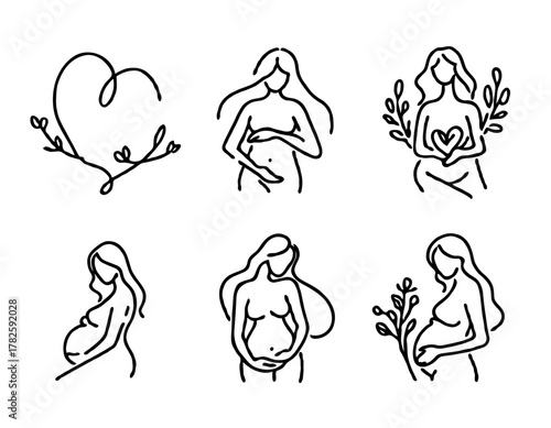 Illustration Pregnant woman silhouettes set, maternity, pregnancy, motherhood concept. Outline Infants Doodle icons drawing, Symbol Mothers with newborns Line art. Moms and Babies Love Collection