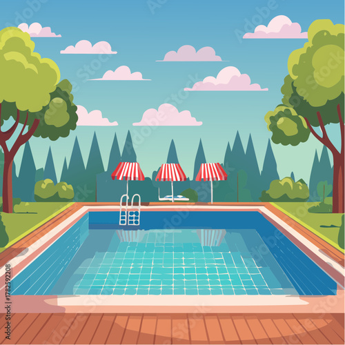 Jolie piscine en extérieur, nature, ciel bleu, arbres