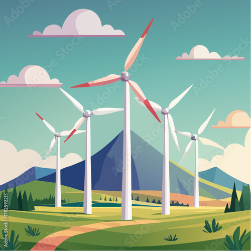 Eoliennes en pleine nature, ciel bleu, paysage, verdure, montagne 