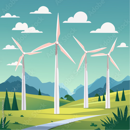 Eoliennes en pleine nature, ciel bleu, paysage, verdure, montagne 