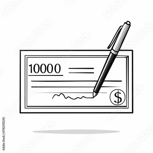 Un chèque de 10000$, remplit et signé, stylo visible sur l'image, noir et blanc, isolé sur un fond blanc  
