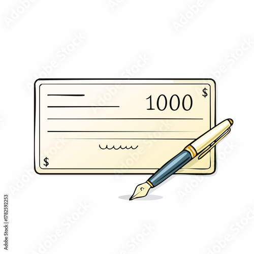 Chèque de 1000$ à signer, stylo, isolé sur fond blanc