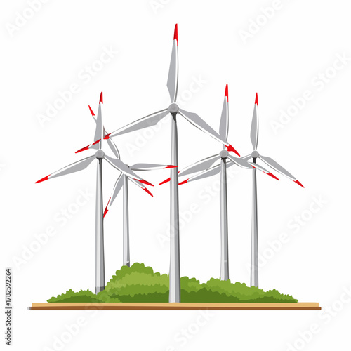 Champ d'éoliennes, isolé sur fond blanc, écologie