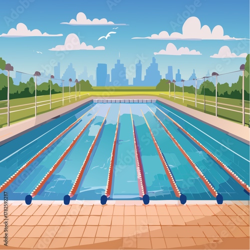 Jolie piscine en extérieur, nature, ciel bleu, arbres