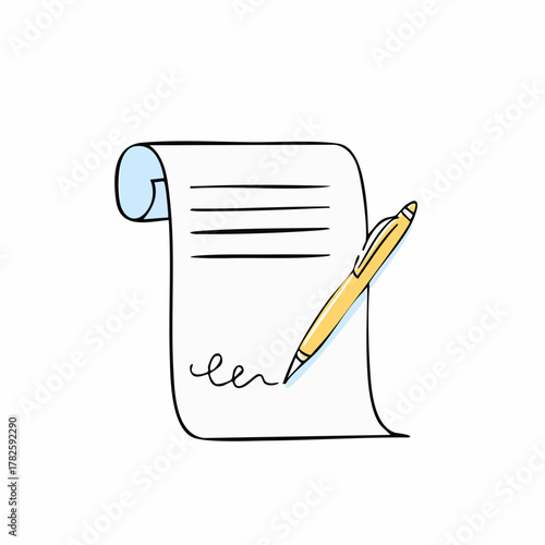 Document papier signé en bas de page, stylo bille, isolé sur fond clair