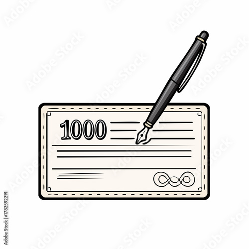 Chèque de 1000$ à signer, stylo, isolé sur fond blanc