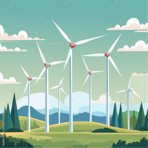 Eoliennes en pleine nature, ciel bleu, paysage, verdure, montagne 