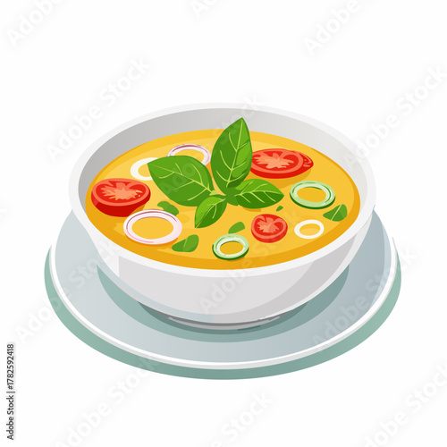 Bol de soupe de légumes, potage, tomate, basilic, oignons, carottes, potiron.., isolé sur un fond blanc