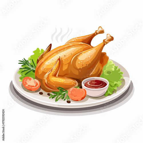 Délicieux poult rôti entier, bien doré, accompagné de sa sauce tomate, barbecue ou ketchup, salade, rondelles de tomate, isolé sur un fond blanc 