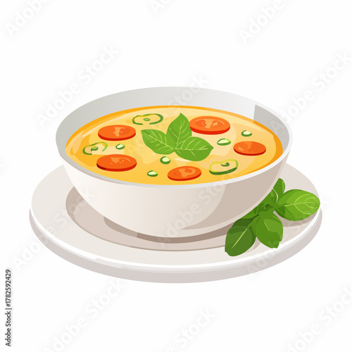 Bol de soupe de légumes, potage, tomate, basilic, oignons, carottes, potiron.., isolé sur un fond blanc