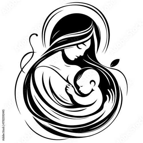 Illustration Pregnant woman silhouettes set, maternity, pregnancy, motherhood concept. Outline Infants Doodle icons drawing, Symbol Mothers with newborns Line art. Moms and Babies Love Collection