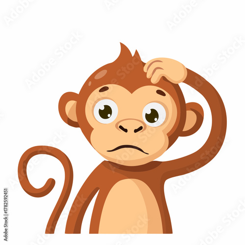 Petit singe étonné qui se gratte la tête, étonnement, réflexion, surpris, isolé sur fond blanc