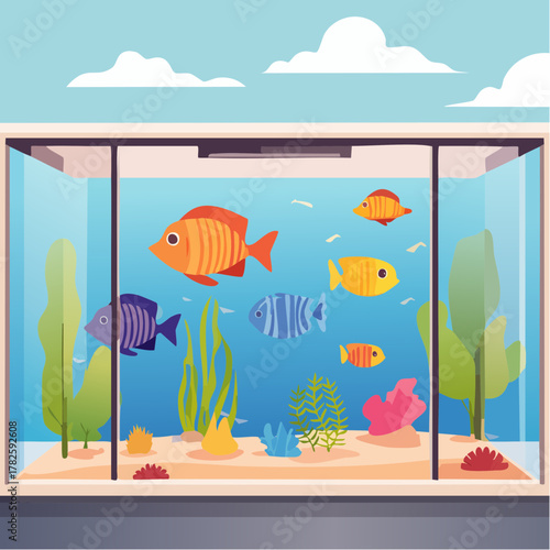 Aquarium remplit de jolis poissons colorés, algues, corail